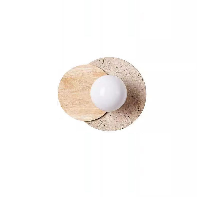 Japanese Glass Wood Round 1-Light Wall Sconce Lamp