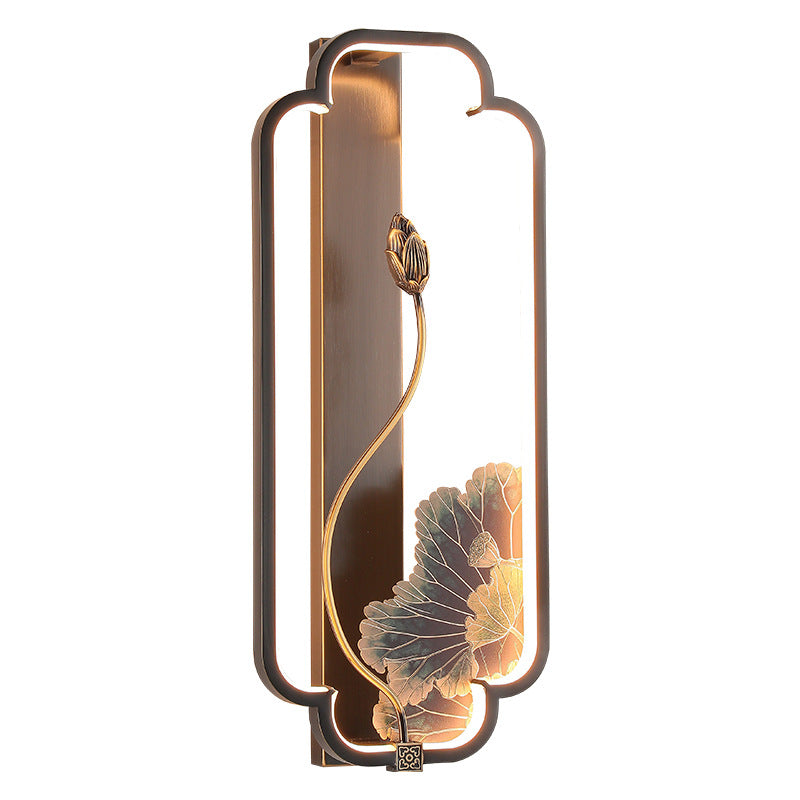 Chinese Rectangle Fish Wood Bronze LED Wall Sconce Lamp