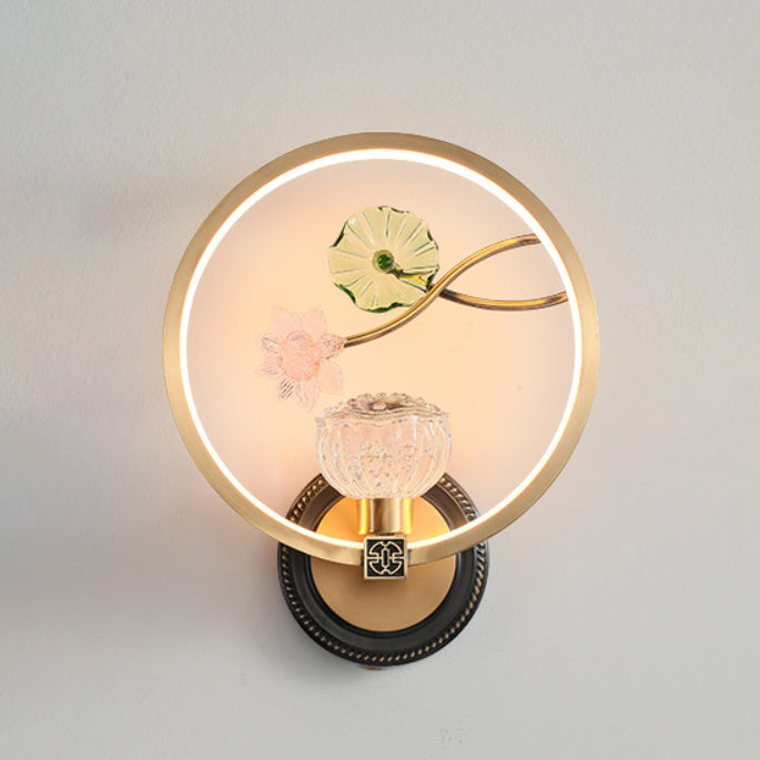 Chinese Round Acrylic Glass Copper LED Wall Sconce Lamp