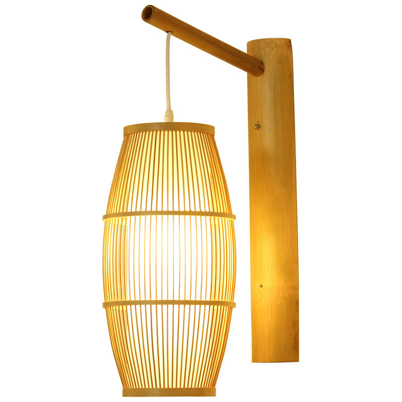 Chinese Half Round Bamboo Wood 1-Light Wall Sconce Lamp