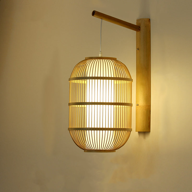 Chinese Cylinder Round PVC Wood 1-Light Wall Sconce Lamp