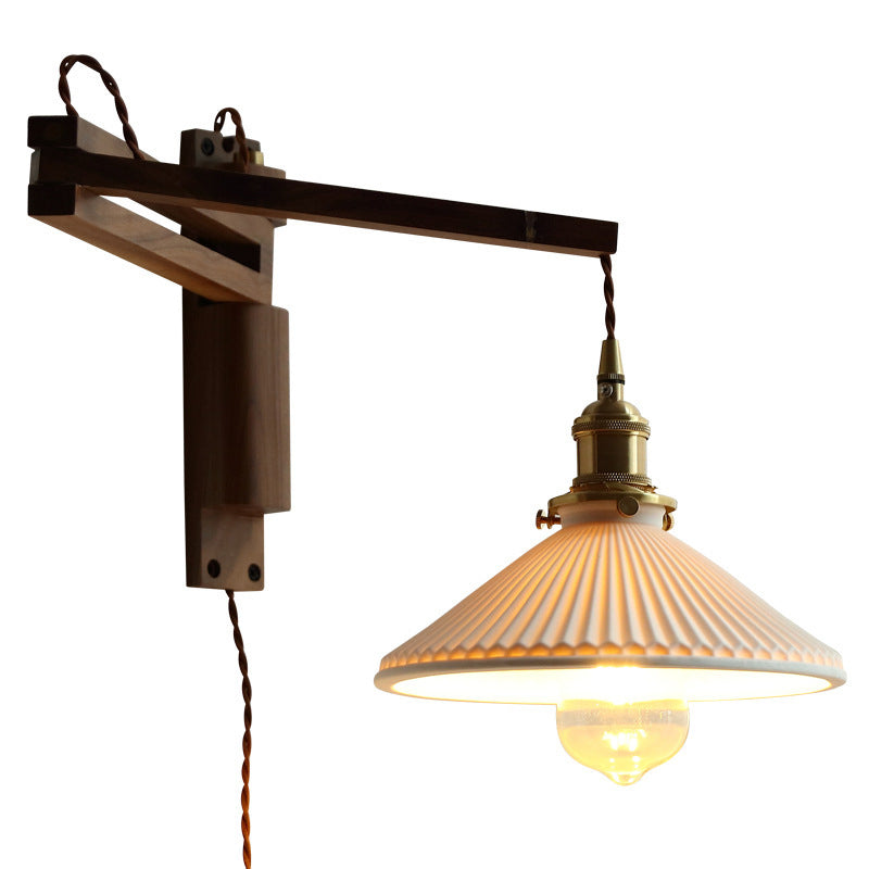 Conical Walnut Ash Wood Brass 1-Light Wall Sconce Lamp
