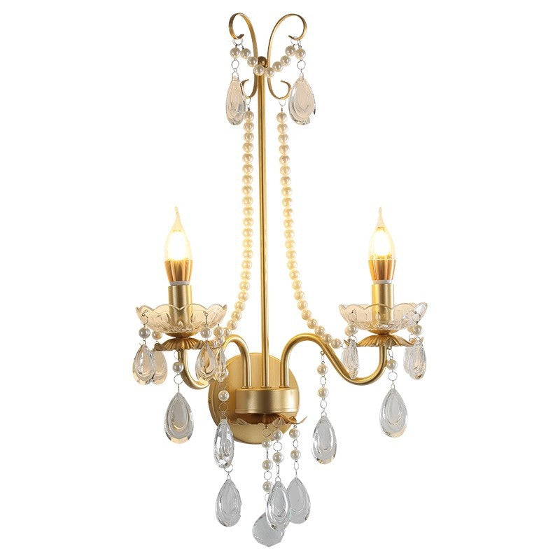 French Faux Pearl Crystal Iron 2-Light Wall Sconce Lamp