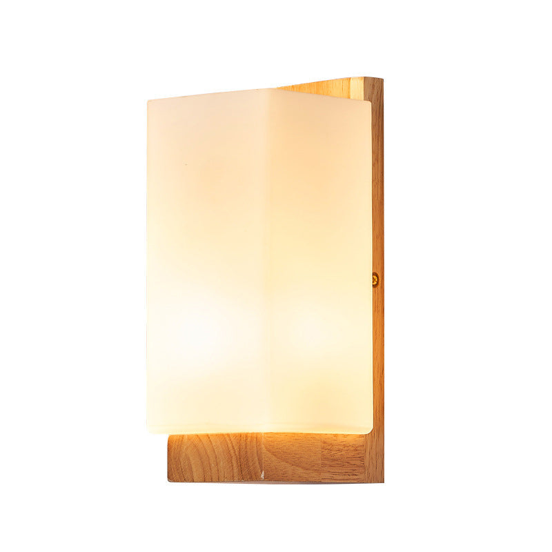 Japanese Rectangle Glass Wood 1-Light Wall Sconce Lamp