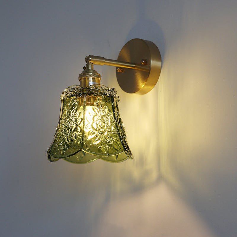 Carved Cone Flower Glass Iron 1-Light Wall Sconce Lamp