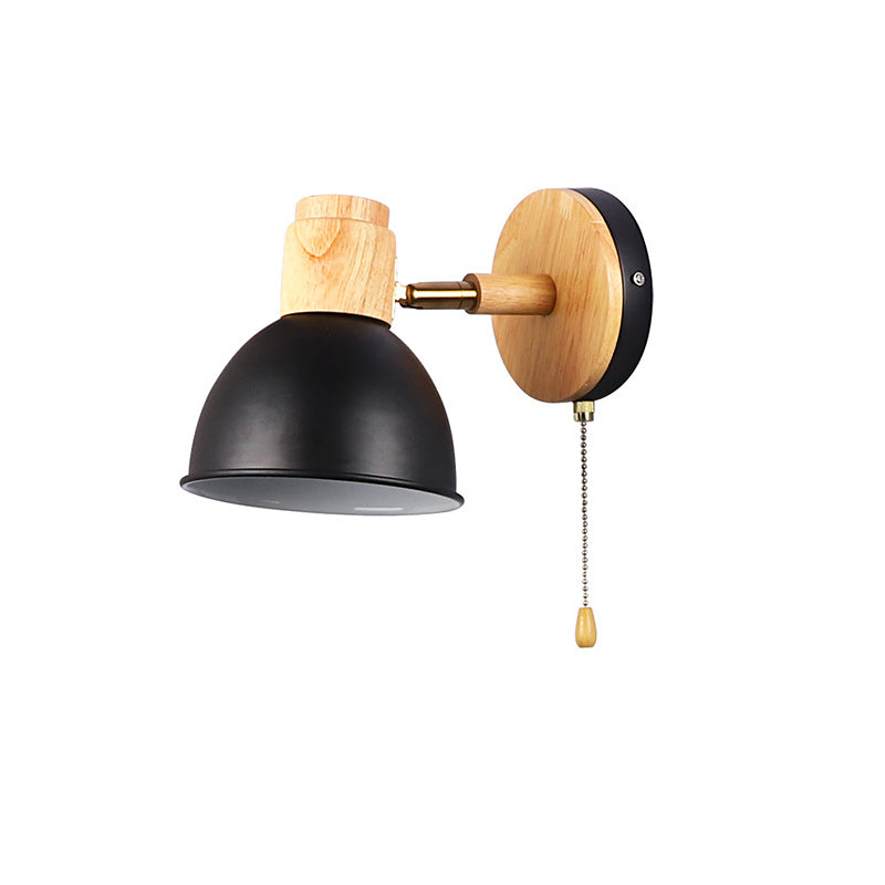 Nordic Iron Wood Round Bowl Zipper 1-Light Wall Sconce Lamp
