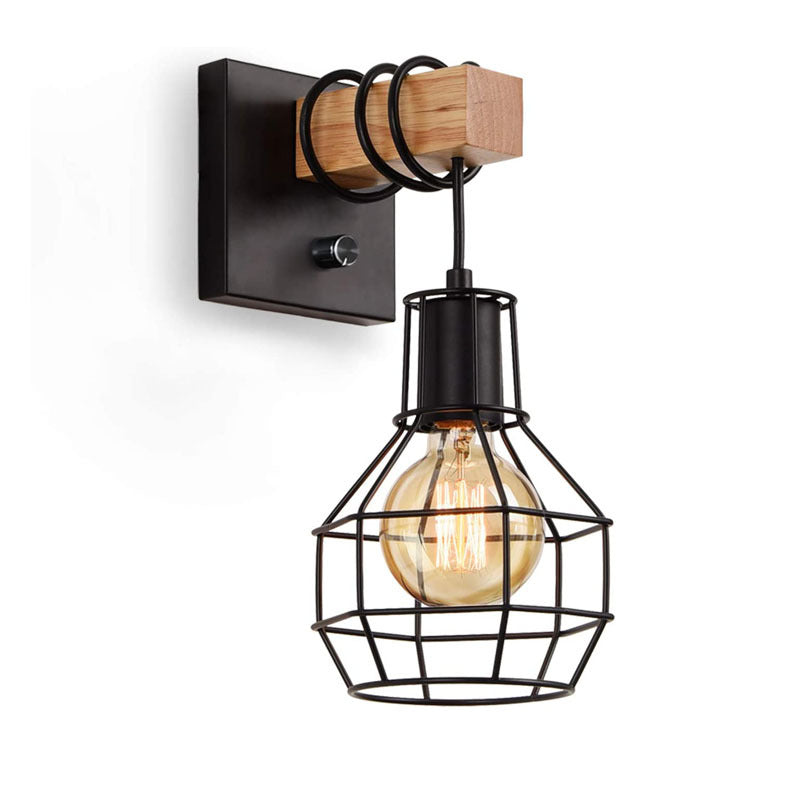 Industrial Metal Wood Cage Grenade 1-Light Wall Sconce Lamp