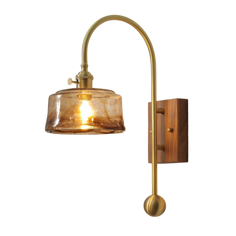 Brass Walnut Glass Round Diamond 1-Light Wall Sconce Lamp