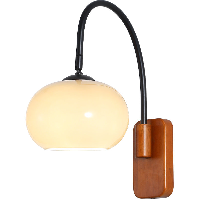Traditional Wood Round Glass Shade 1-Light Wall Sconce Lamp