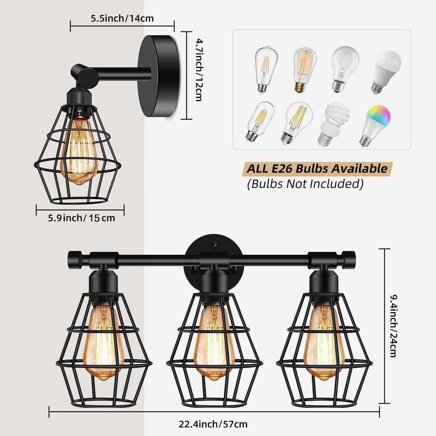 Vintage Wrought Iron Cage 3-Light Wall Sconce Lamp