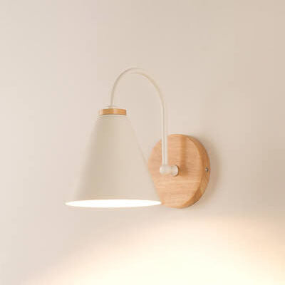 Minimalist Cone Shade Wooden Base 1-Light Wall Sconce Lamp