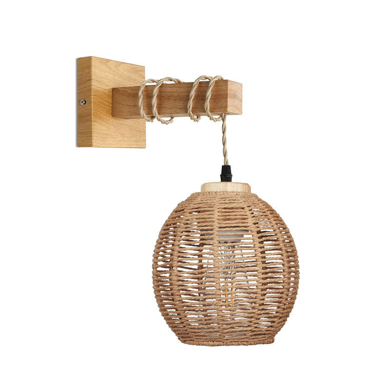 Boho Weaving Cage Wooden Beams 1-Light Wall Sconce Lamp