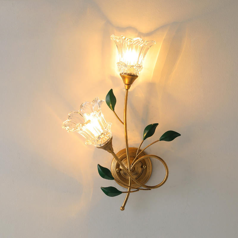 Iron Crystal Glass Flower Leave 2-Light Wall Sconce Lamp