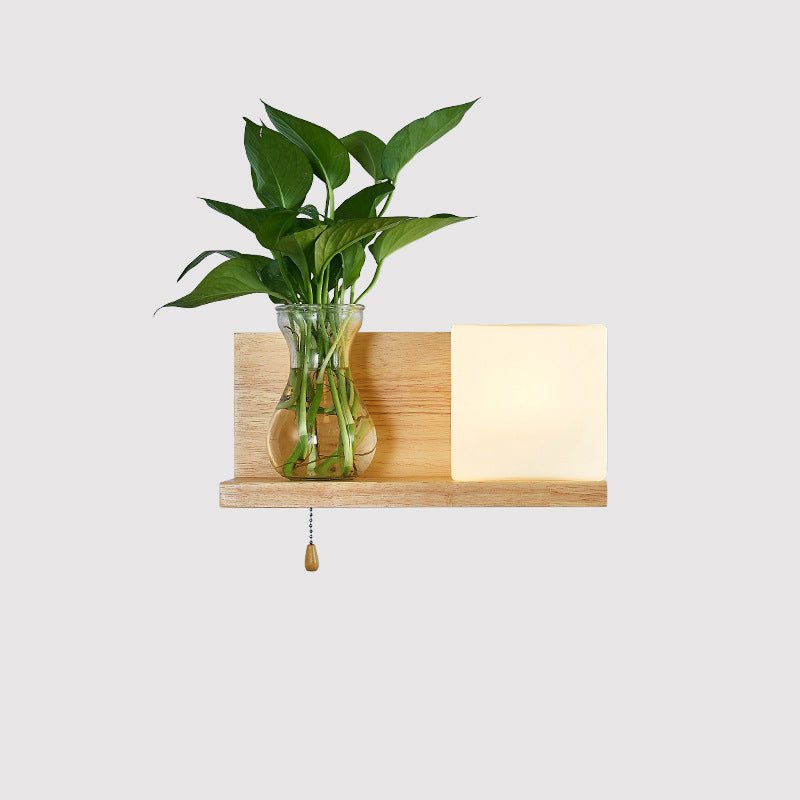 Rectangular Orb Glass Wood 1-Light Wall Sconce Lamp