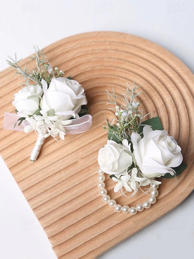 White Rose Wrist Corsage and Boutonniere Set