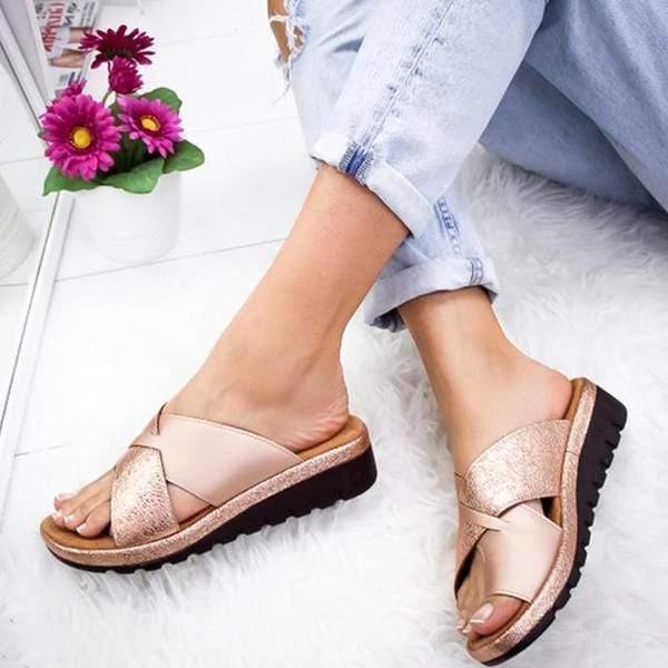 Glitter Cross-Strap Slide Sandals, Platform Sole