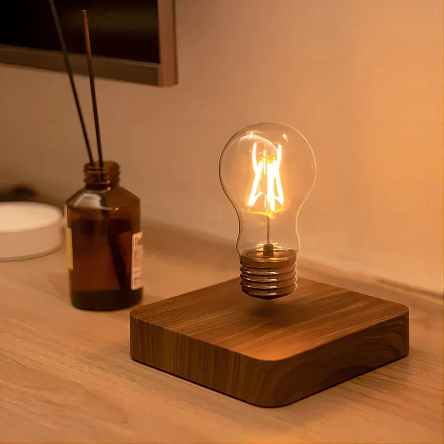 Floating LED Bulb Lamp with Walnut Wood Base