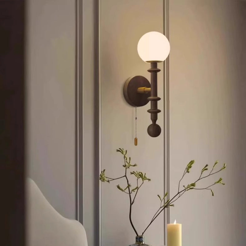 French Glass Ash Wood Hardware 1-Light Wall Sconce Lamp