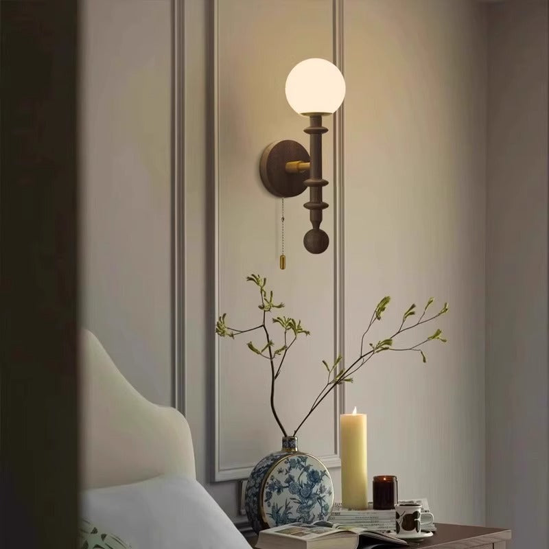 French Glass Ash Wood Hardware 1-Light Wall Sconce Lamp