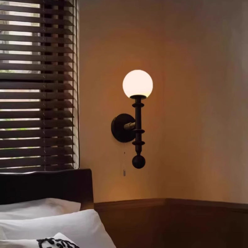 French Glass Ash Wood Hardware 1-Light Wall Sconce Lamp