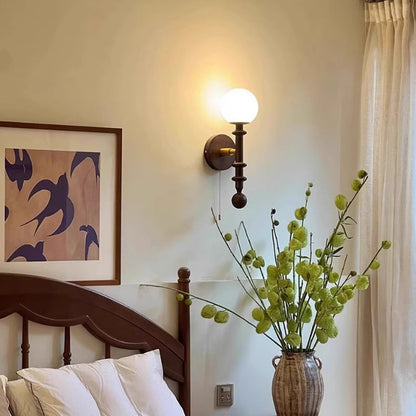 French Glass Ash Wood Hardware 1-Light Wall Sconce Lamp