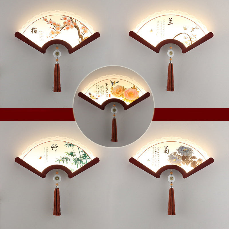 Chinese Elements Shade Wooden Edge LED Wall Sconce Lamp