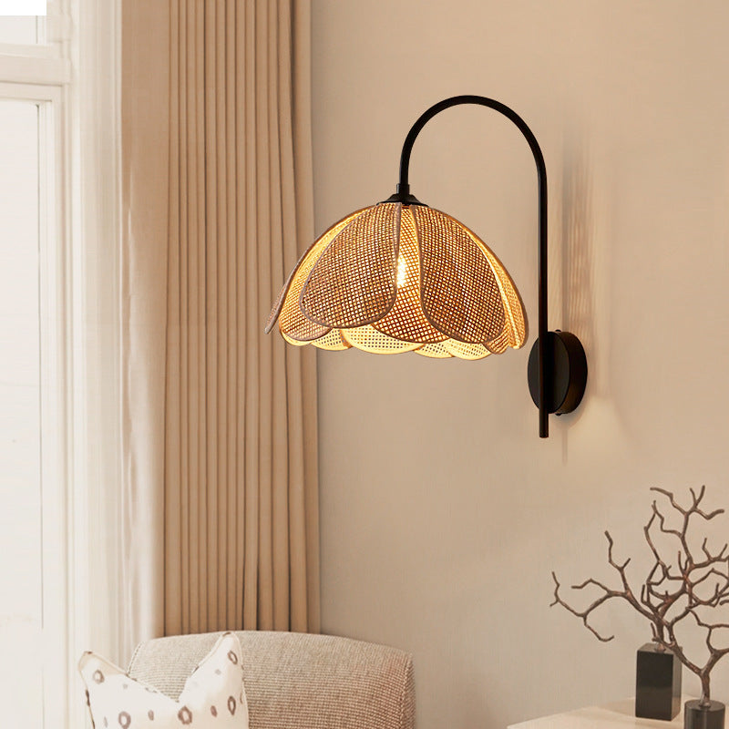 Boho Rattan Weaving Petal Shade 1-Light Wall Sconce Lamp
