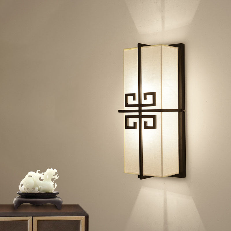 Chinese Rectangle Iron Fabric 2-Light Wall Sconce Lamp