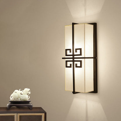 Chinese Rectangle Iron Fabric 2-Light Wall Sconce Lamp