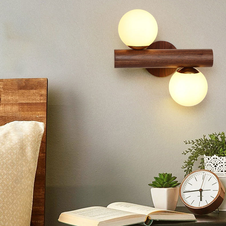 Scandinavian Orb Rubberwood Glass 2-Light Wall Sconce Lamp