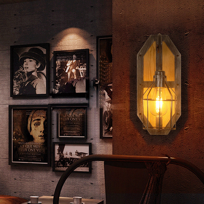 Industrial Pine Wood Iron Cage 1-Light Wall Sconce Lamp