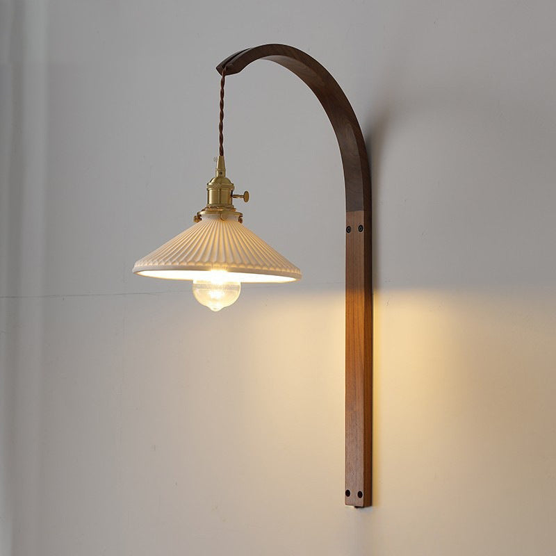 Japanese Shade Wood Curved Pole 1-Light Wall Sconce Lamp