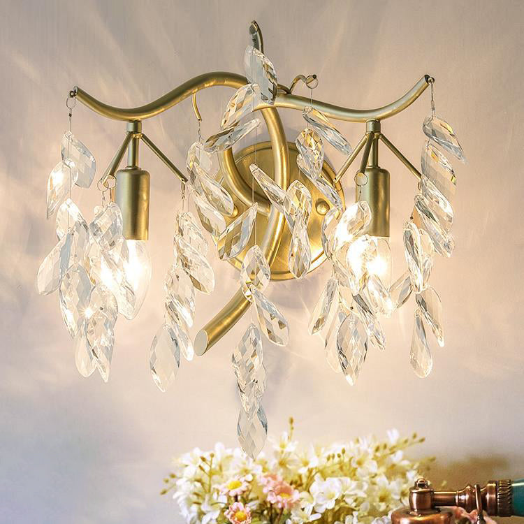 French Leaf Iron Copper Crystal 2-Light Wall Sconce Lamp