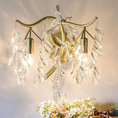French Leaf Iron Copper Crystal 2-Light Wall Sconce Lamp