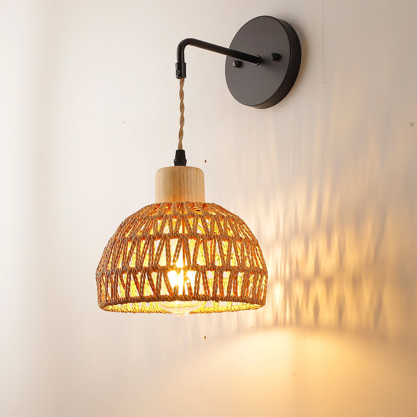 Semi-Circle Iron Rattan 1-Light Wall Sconce Lamp