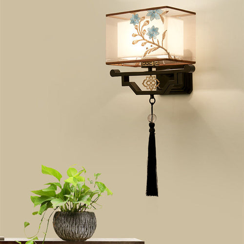 Chinese Tasseled Iron Fabric 1-Light Wall Sconce Lamp