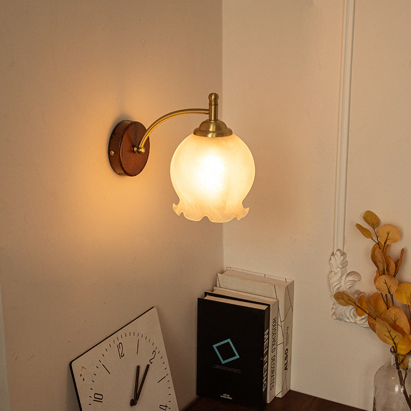 French Flower Shade Solid Wood Base 1-Light Wall Sconce