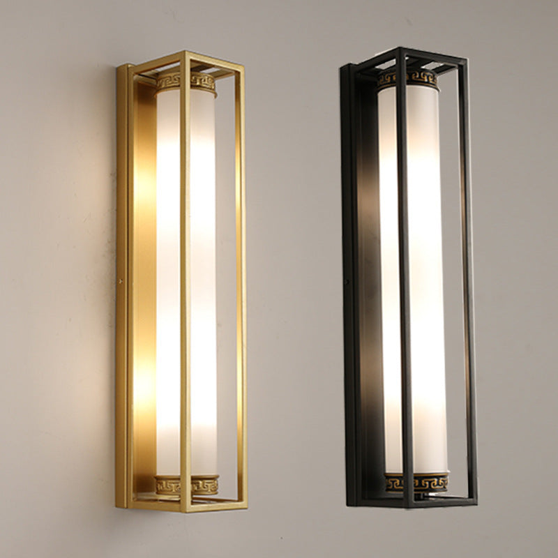 Chinese Glass Rectangular Cylinder 2-Light Wall Sconce Lamp