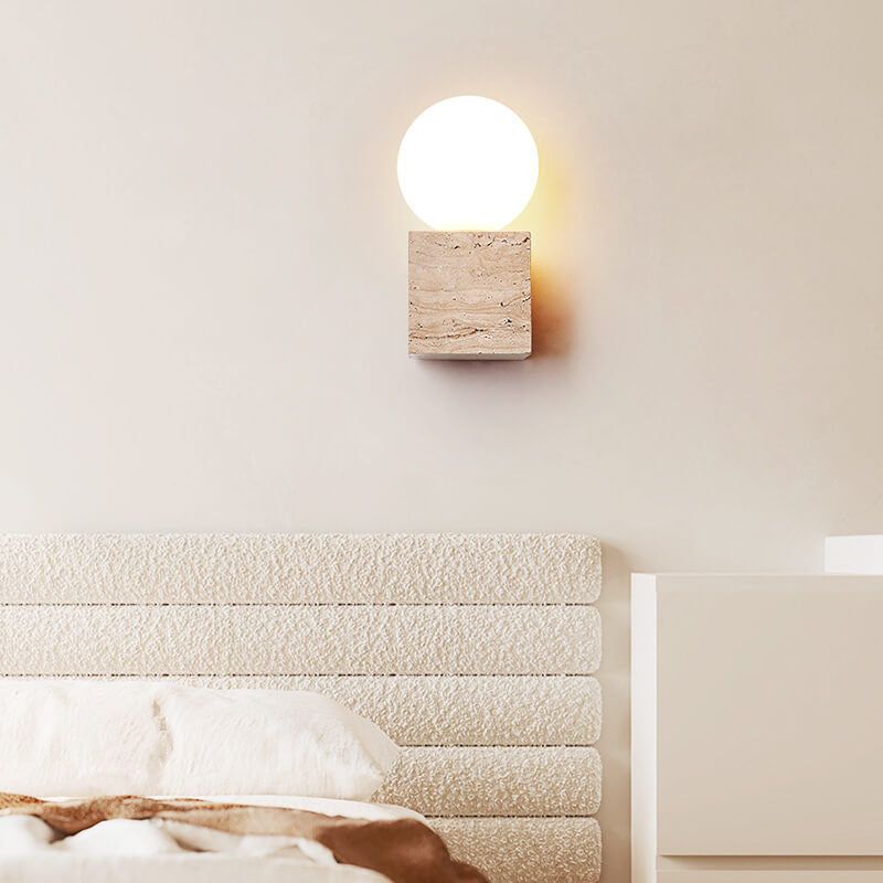 Round Ball Square Stone Glass 1-Light Wall Sconce Lamp