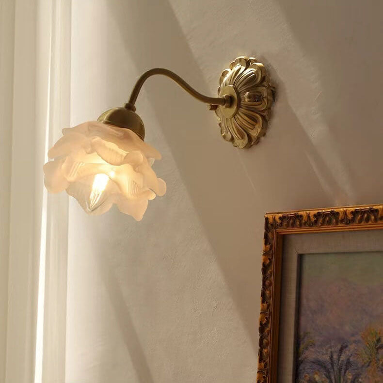 European Light Floral Glass Brass 1-Light Wall Sconce Lamp