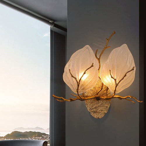 Copper Glass Leave Branch 1/2 Light Wall Sconce Lamp