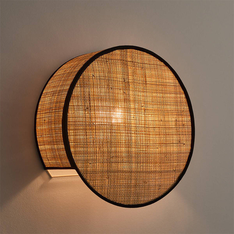 Boho Rattan Weaving Cylinder Shade 1-Light Wall Sconce Lamp