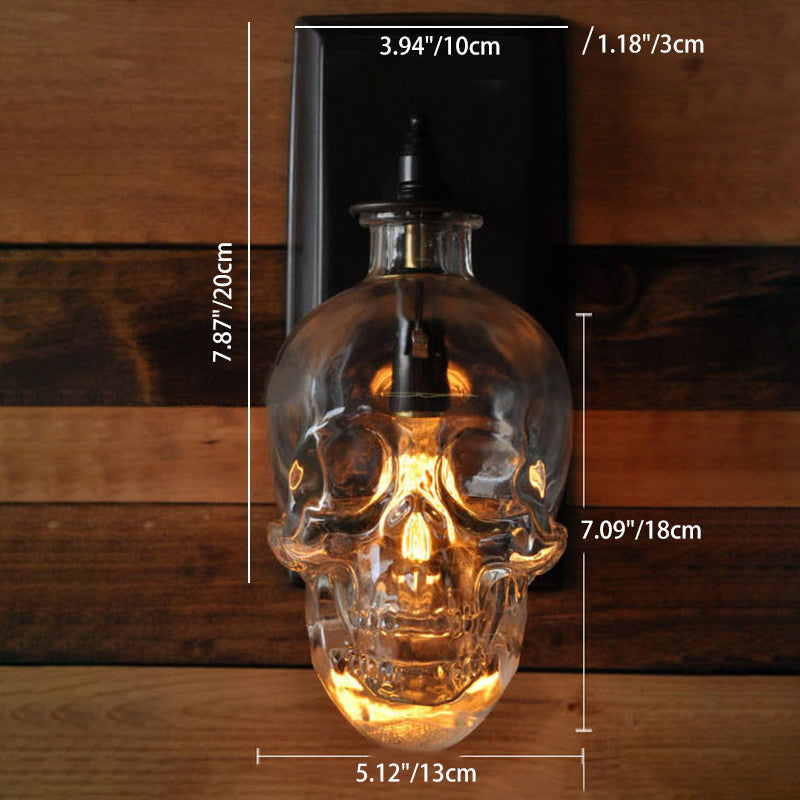 Round Skull Glass Iron 1-Light Halloween Wall Sconce Lamp