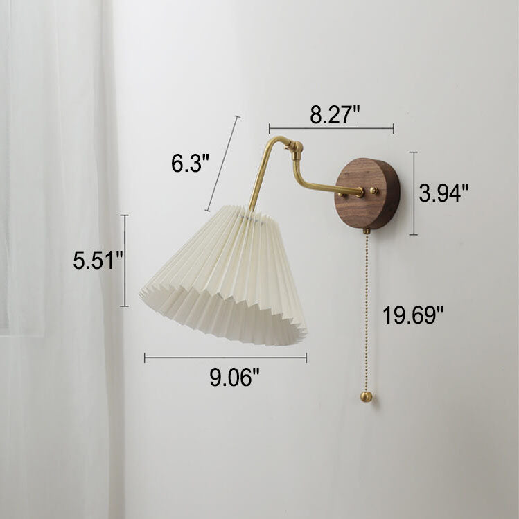 Vintage Walnut Brass Pleated Shade 1-Light Wall Sconce Lamp