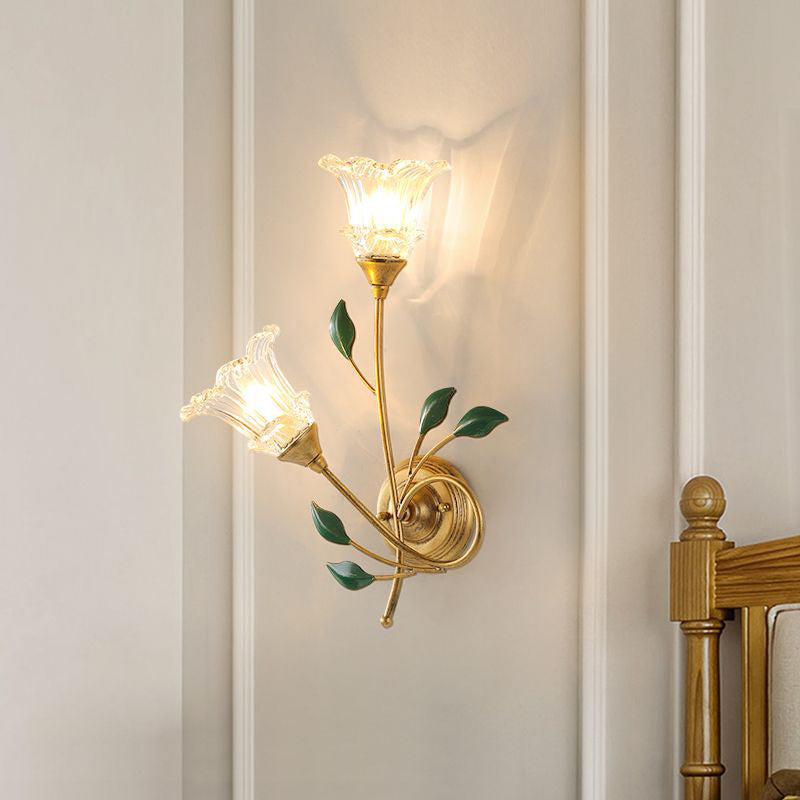 Iron Crystal Glass Flower Leave 2-Light Wall Sconce Lamp