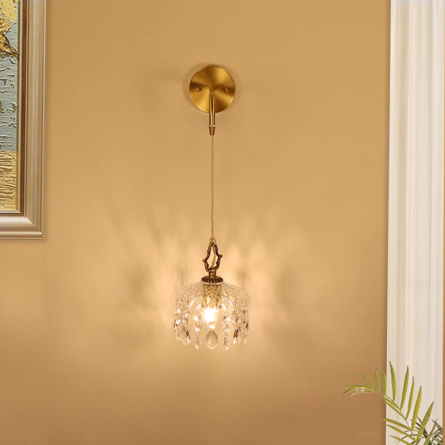 European Light Brass Crystal Glass 1-Light Wall Sconce Lamp