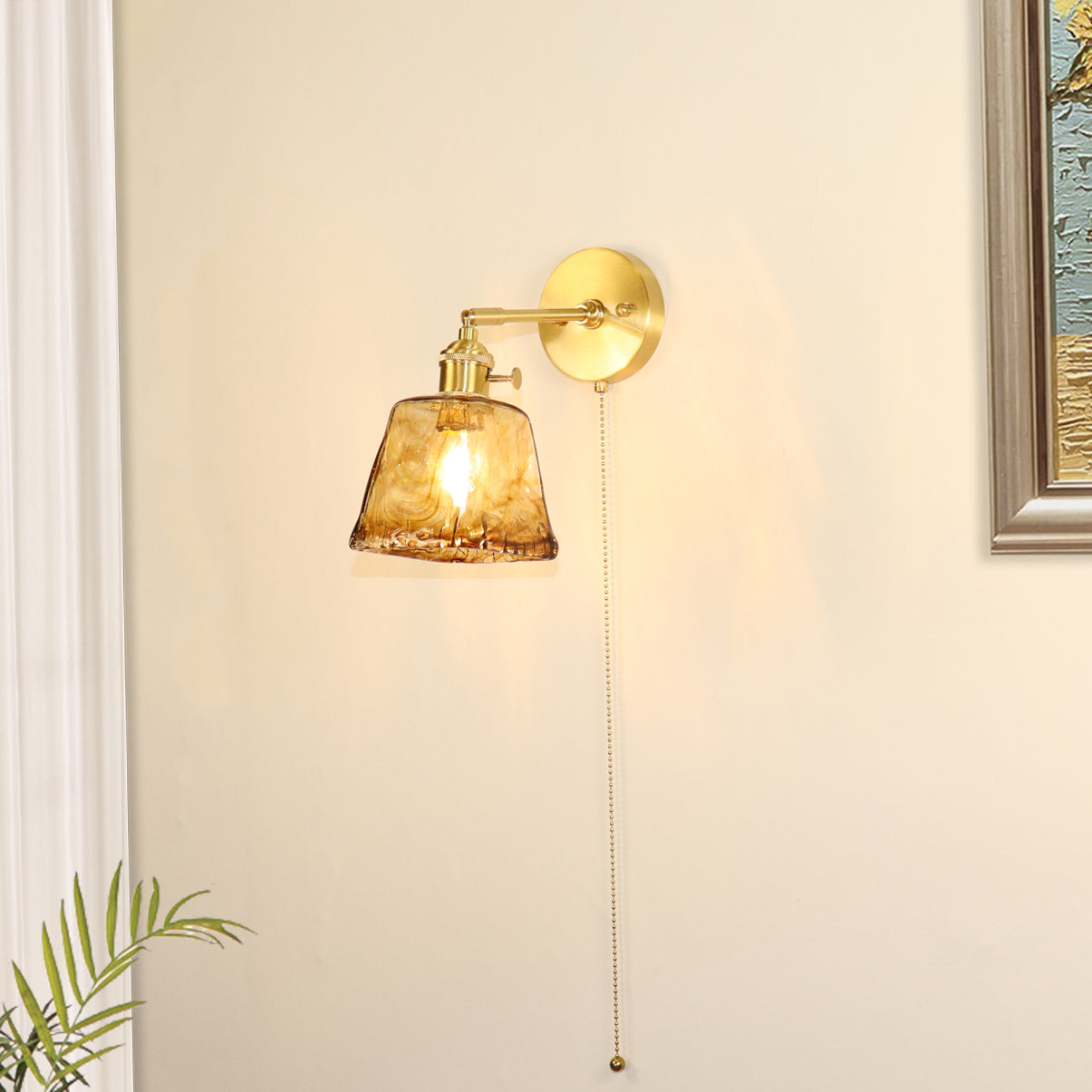 Brass Amber Square Glass Shade 1-Light Wall Sconce Lamp