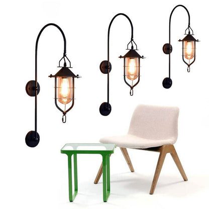 Iron Glass Cage Curved Arm 1-Light Wall Sconce Lamp