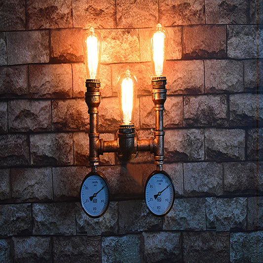 Traditional Iron Pipe Water Meter 3-Light Wall Sconce Lamp