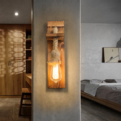 Rectangular Wood Hemp Rope 1-Light Wall Sconce Lamp